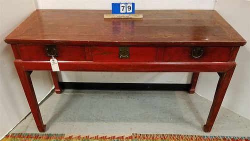 CHINESE RED LACQUER 3 DRAWER ALTAR TABLE 35"H X 61"W X 25"D