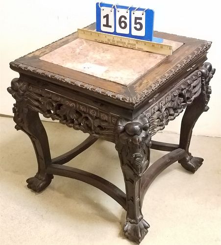 F19TH C CHINESE CARVED STAND W/ MARBLE TOP 18 1/2"H X 16" SQ