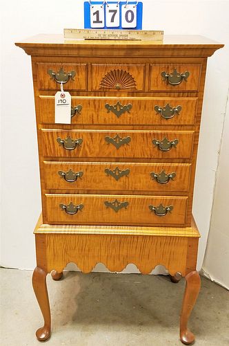 ELDRED WHEELER TIGER MAPLE QA STYLE 5 DRAWER CHEST ON STAND 42 1/2"H X 22 1/4W X 14"D