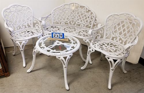 4 PC CAST IRON GARDEN SET BENCH 3'5"L, 2 ARMCHAIRS AND SIDE TABLE 17"H X 24" DIAM