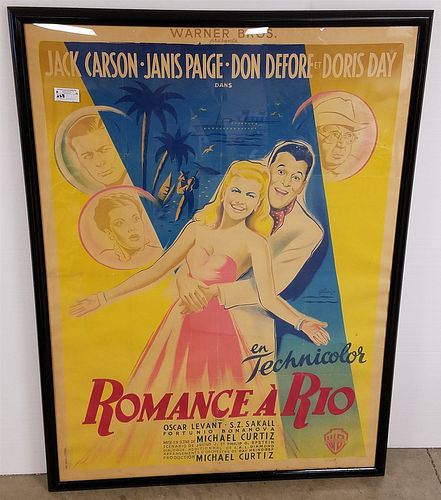 VINTAGE FRAMED MOVIE POSTER "ROMANCE ON THE HIGH SEAS" W/ DORIS DAY AND JACK CARSON 62 1/2" X 45 1/2"