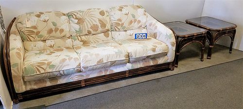 BASSETT BAMBOO FRAMED SOFA 7', SETTEE 5', CHAIR, PR END STANDS AND COFFEE TABLE