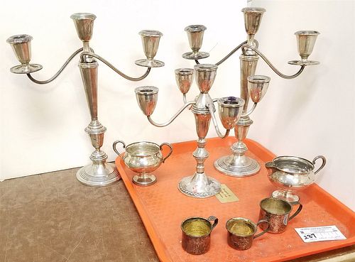 TRAY STERL 2.93 OZT AND WEIGHTED STERL 3 CANDELABRA AND CREAMER AND SUGAR