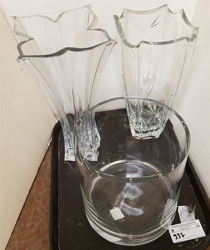 TRAY 2 CRYSTAL VASES MIKASA 14" AND SGND OLEARY VASE 12 3/4" &BOWL
