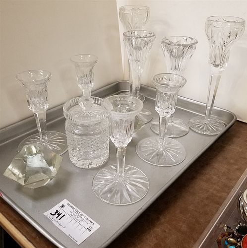 TRAY CUT GLASS- 6 WATERFORD CANDLESTICKS 4- 5 1/2", 2- 8/ 1/2" AND 4 OTHERS