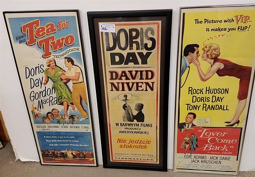 LOT 3 FRAMED VINTAGE DORIS DAY MOVIE POSTERS 34" X 13" "TEA FOR TWO", "LOVE COME BACK" AND FOREIGN