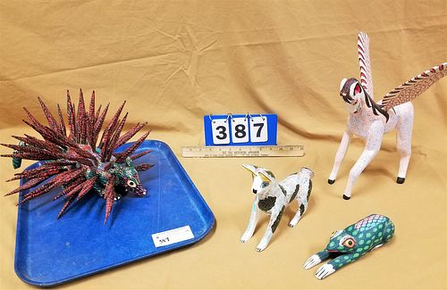 TRAY 4 MEXICAN WOODEN AND PTD FIGURES PORCUPINE, FLYING HORSE, RABBIT AND FROG