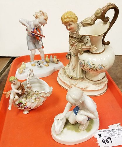 TRAY PORCELAIN FIGURINES VICT 8 1/2" WOMAN W/ URN, GERMAN BAY VIOLOINIST 7", ETC