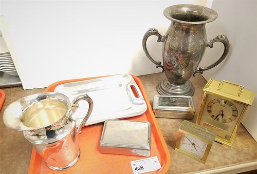 TRAY MEN'S DOUBLES SILVERPLATE TROPHIES, LOVING CUP, PITCHER, CIGARETTE BXS, TRAY AND LINDEN DESK CLOCK AND TIFFANY BRONZE DESK CLOCK