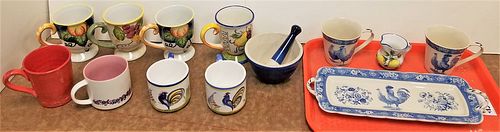 TRAY CUPS INCL QUIMPER AND LE CREUSET MORTAR AND PESTLE