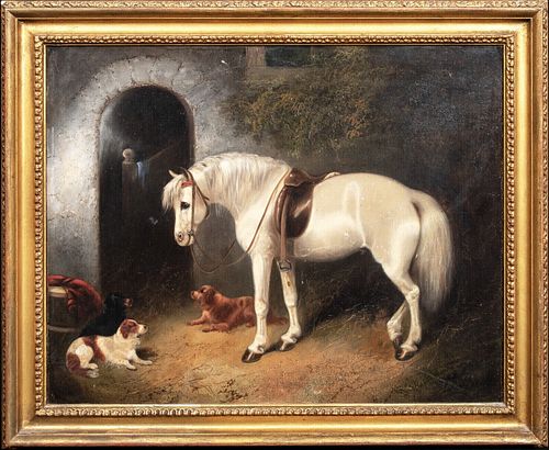 WHITE HORSE & SPANIEL DOGS OIL PAINTING