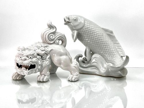 Chinese Porcelain Sculptures of Leaping Carp and Guardian Lion
