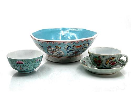 Chinese Vintage Famille Rose Porcelain Bowls and Western-style Cup and Saucer