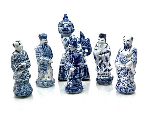 6 Chinese Porcelain Sculptures of Immortals and Shishi Lion