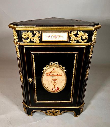 French Ebonized Corner Cabinet with Brass Inlay
