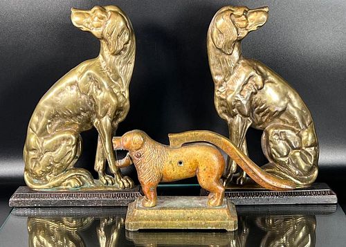 Pair of Brass Dog Form Chenets and Dog Nut Cracker