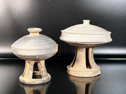 2 Korean Silla-Style Covered Pedestal Bowls
