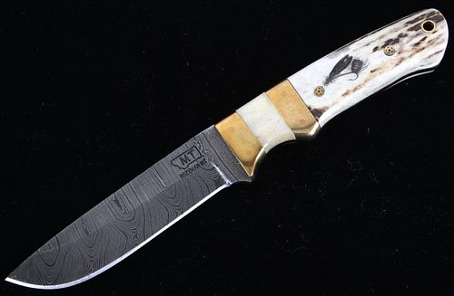 Stag Antler Fly Fishing Scrimshaw Damascus Knife