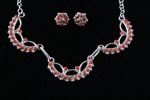 Zuni Coral Petit Point Silver Necklace & Earrings