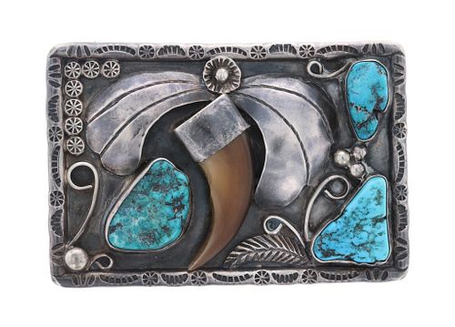 Navajo Silver Turquoise & Bear Claw Buckle c 1960s
