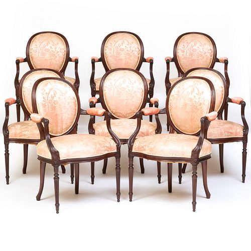 Set of Eight George III Style Mahogany Upholstered Dining Chairs, in the French Style