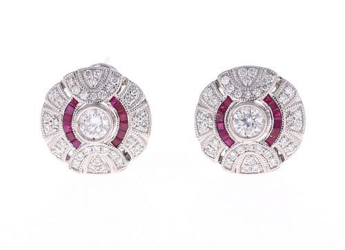 VS1 Natural Diamond & Ruby Platinum Earrings