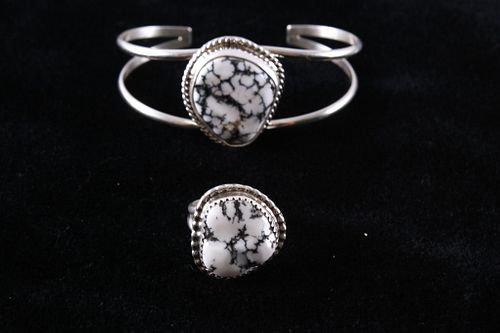Navajo White Buffalo Turquoise Bracelet & Ring Set