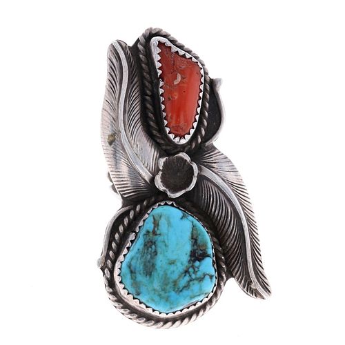 Rare c.1950's Navajo Old Pawn Coral Turquoise Ring