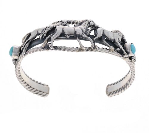 Navajo Running Bear Horses Turquoise Bracelet