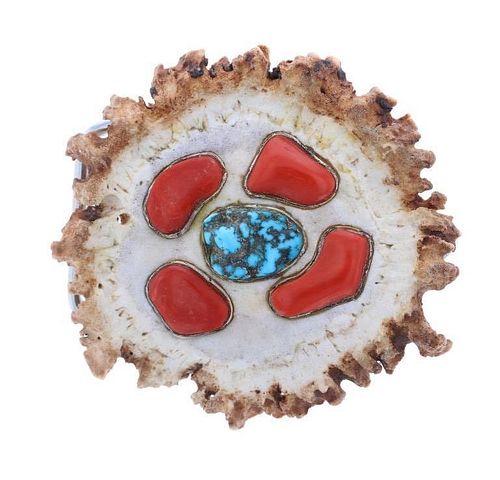 Antler Tine Turquoise & Red Branch Coral Buckle