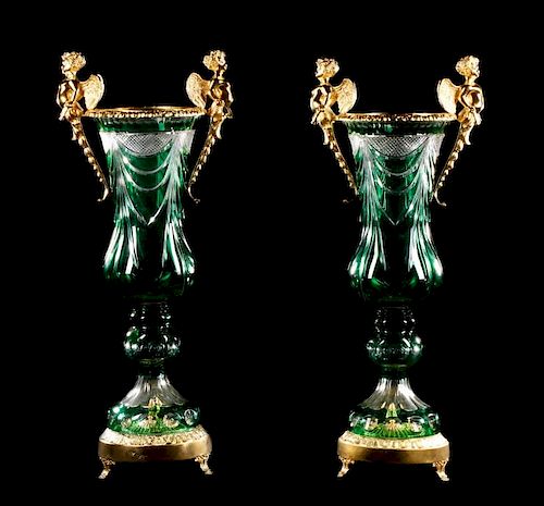 Pair of Large Dore Bronze & Green Crystal Vases