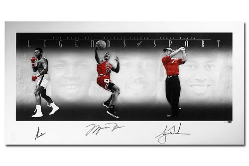 Michael Jordan Muhammad Ali Tiger Woods Autographed 49X25 Print Legends /100 UDA
