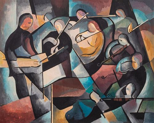 Illegibly Signed Cubist 'Musicians' Oil on Panel