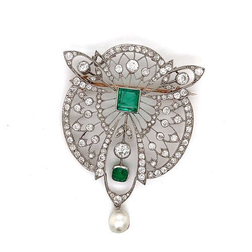 Art Deco Platinum Diamond Colombian EmeraldÂ  Pearl Pendant & BroochÂ 