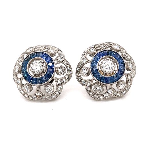 Platinum Diamond Sapphire Flower Earrings