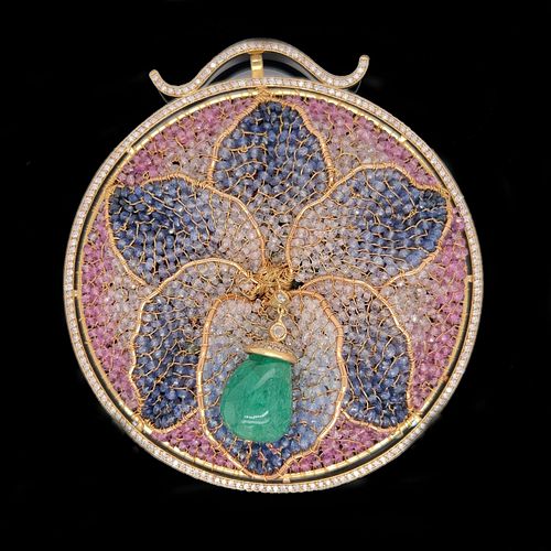 18k Sapphire Emerald Diamond Treated Beaded Orchids PendantÂ 