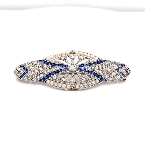 Art Deco Platinum Diamond Sapphire Plaque BroochÂ 