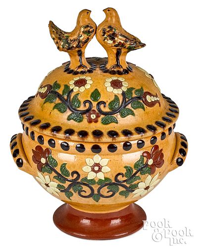 Elaborate French redware bowl and cover, 19th c.