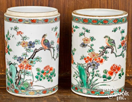 Two Chinese famille verte porcelain brush pots