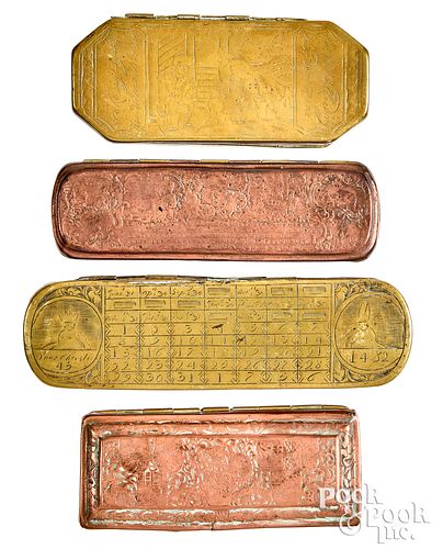 Four Dutch brass and copper tobacco boxes