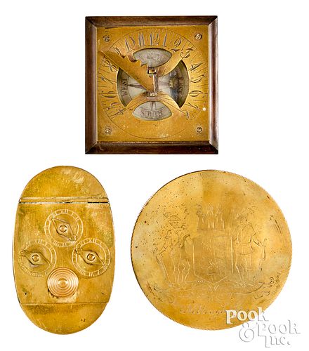 English brass seal box, compass, and snuff box