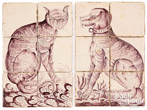 Pair of Delft six tile plaques of a cat and dog
