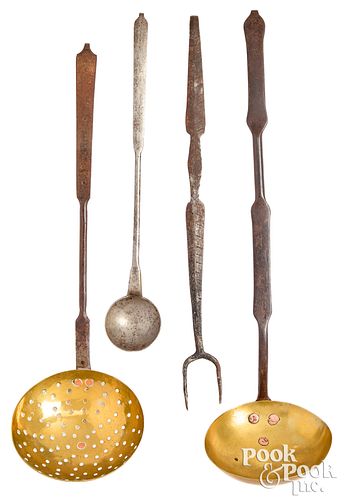 Four wrought iron and brass utensils, 19th c.