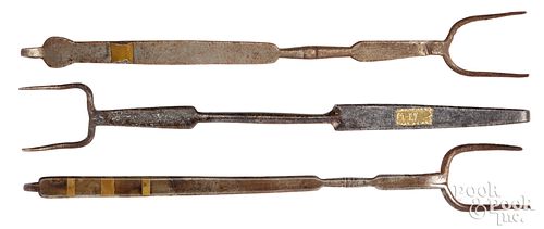 Three wrought iron flesh forks, 19th c.
