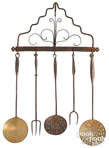 Wrought iron utensil rack, together with utensils