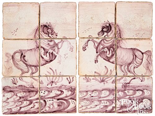 Pair of Delft six tile plaques of a rearing horse