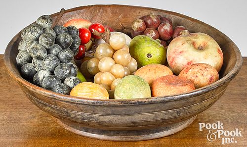Turned treen bowl, together with stone fruit