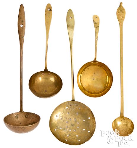 Five brass ladles, 19th c.