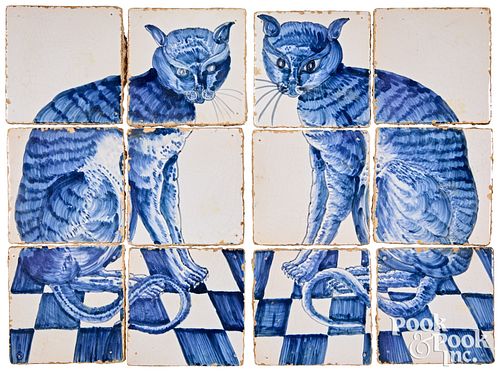 Pair of Delft six tile plaques of cats, 18th c.