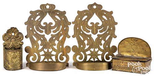 Pair of brass wall sconces 20th c., and two boxes